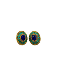 Gold Vermeil Oval Filigree Blue Enamel Statement Clip - On Earrings - 24 Wishes Vintage Jewelry