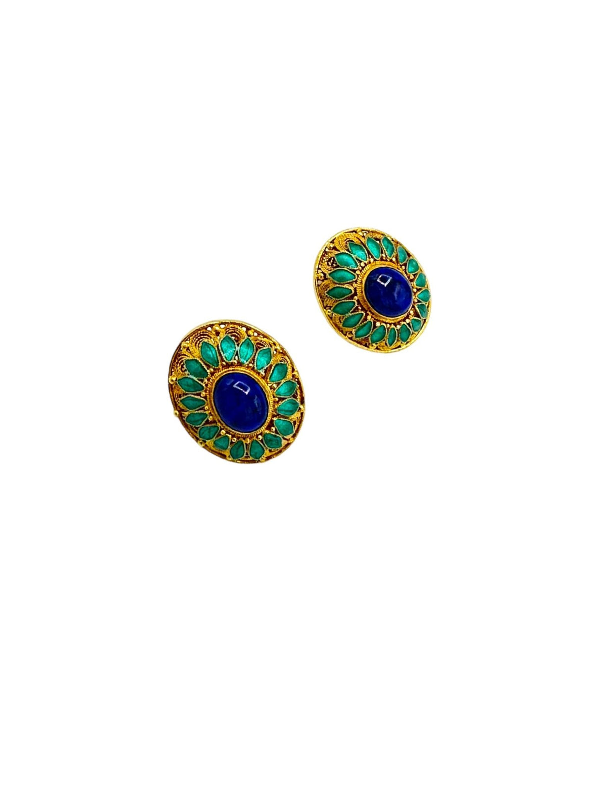 Gold Vermeil Oval Filigree Blue Enamel Statement Clip - On Earrings - 24 Wishes Vintage Jewelry