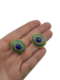 Gold Vermeil Oval Filigree Blue Enamel Statement Clip - On Earrings - 24 Wishes Vintage Jewelry