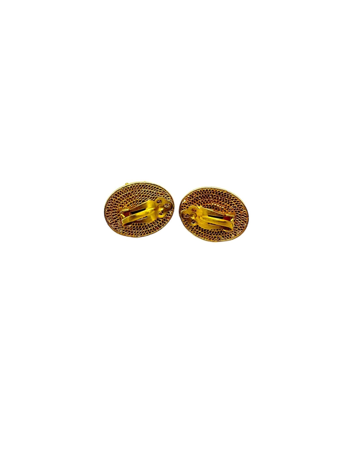 Gold Vermeil Oval Filigree Blue Enamel Statement Clip - On Earrings - 24 Wishes Vintage Jewelry