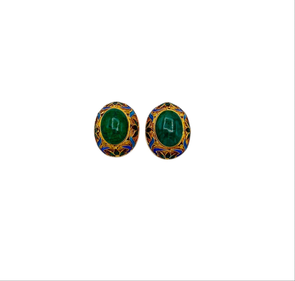 Gold Vermeil Sterling Silver Filigree Green Enamel Cabachon Oval Pierced Earrings 24 Wishes Vintage Jewelry