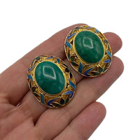 Gold Vermeil Sterling Silver Filigree Green Enamel Cabachon Oval Pierced Earrings 24 Wishes Vintage Jewelry