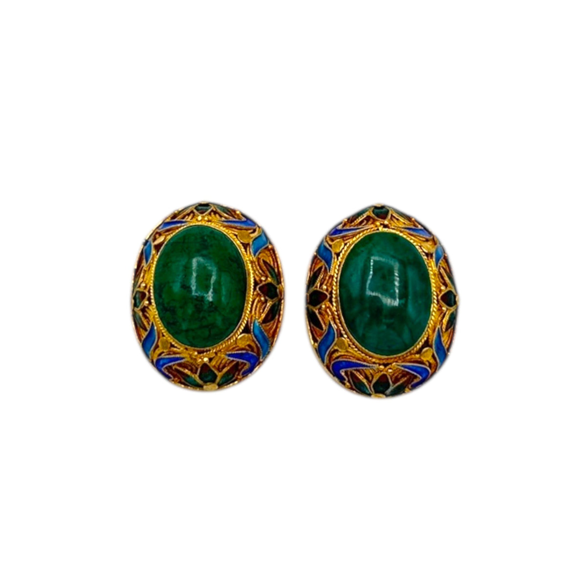 Gold Vermeil Sterling Silver Filigree Green Enamel Cabachon Oval Pierced Earrings 24 Wishes Vintage Jewelry