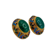 Gold Vermeil Sterling Silver Filigree Green Enamel Cabachon Oval Pierced Earrings 24 Wishes Vintage Jewelry