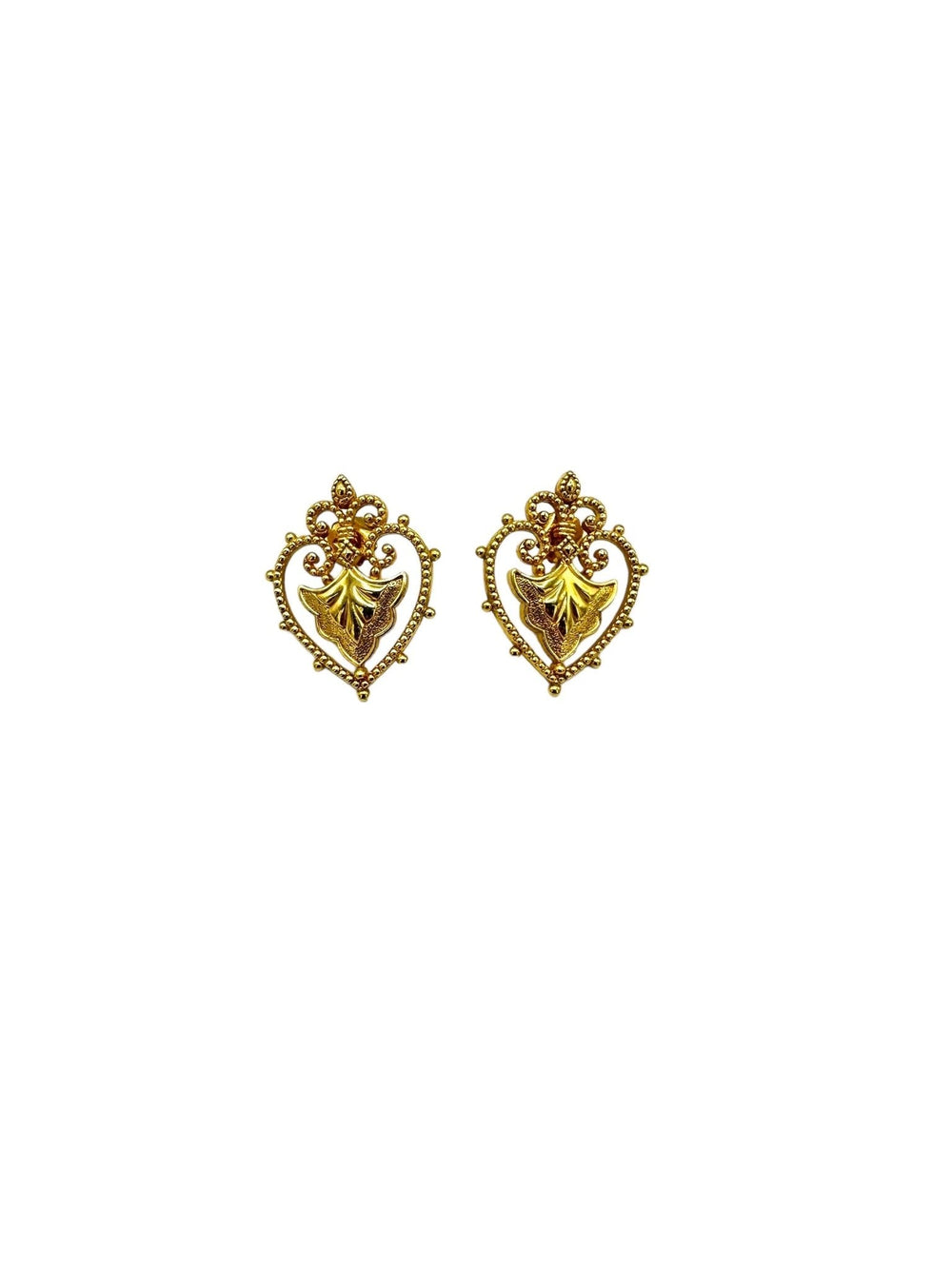 Gold Victorian Revival Heart Vintage Pierced Earrings - 24 Wishes Vintage Jewelry