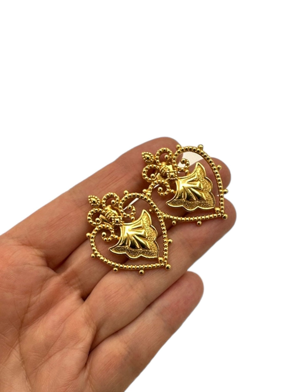 Gold Victorian Revival Heart Vintage Pierced Earrings - 24 Wishes Vintage Jewelry