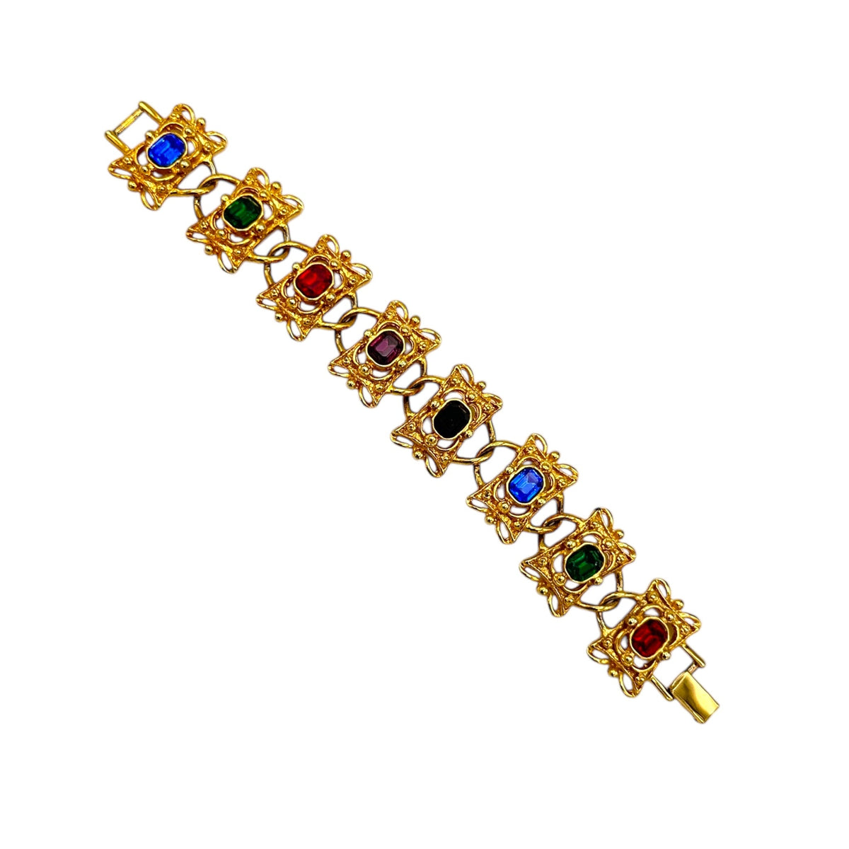 Gold Victorian Revival Jewel Color Rhinestone Panel Bracelet - 24 Wishes Vintage Jewelry