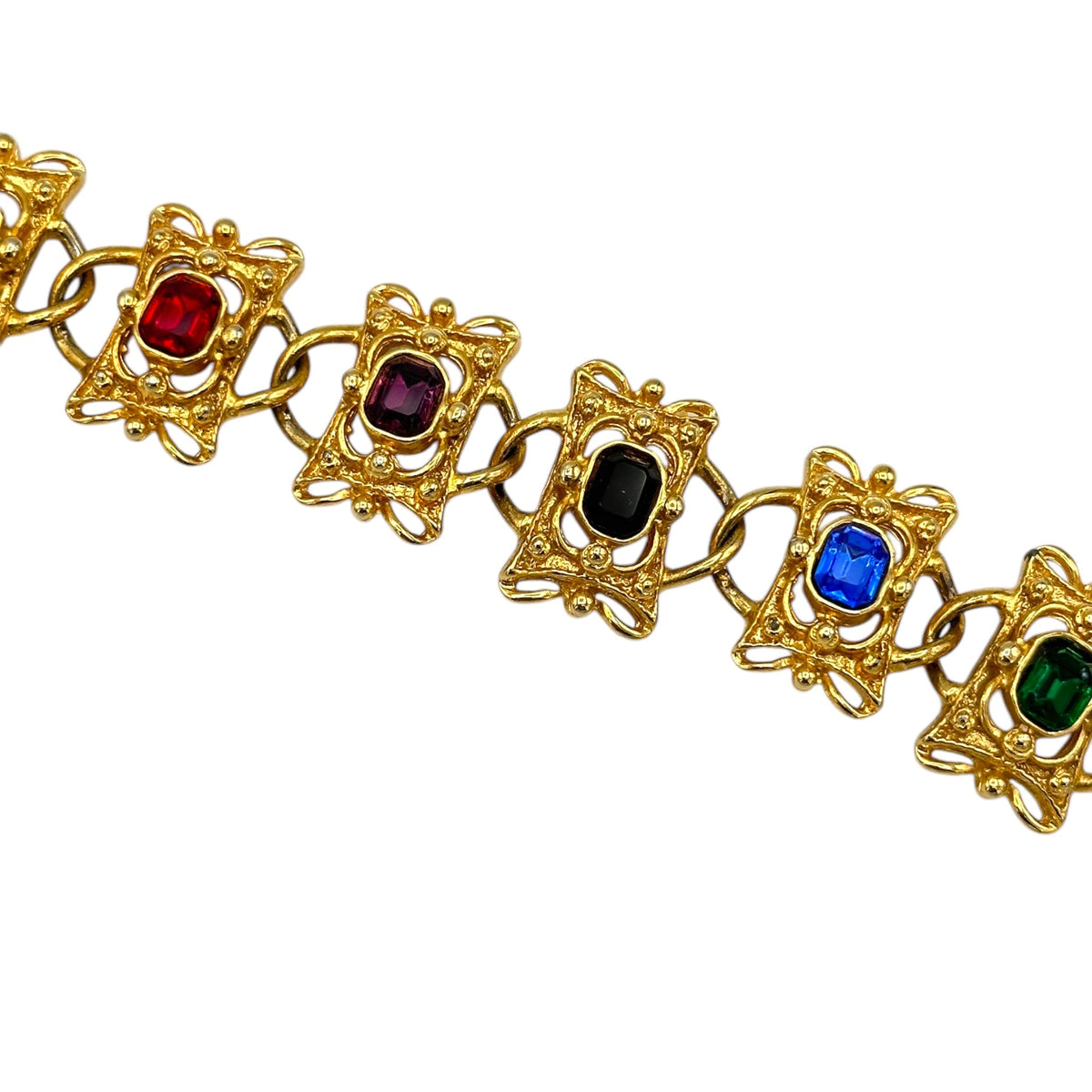 Gold Victorian Revival Jewel Color Rhinestone Panel Bracelet - 24 Wishes Vintage Jewelry