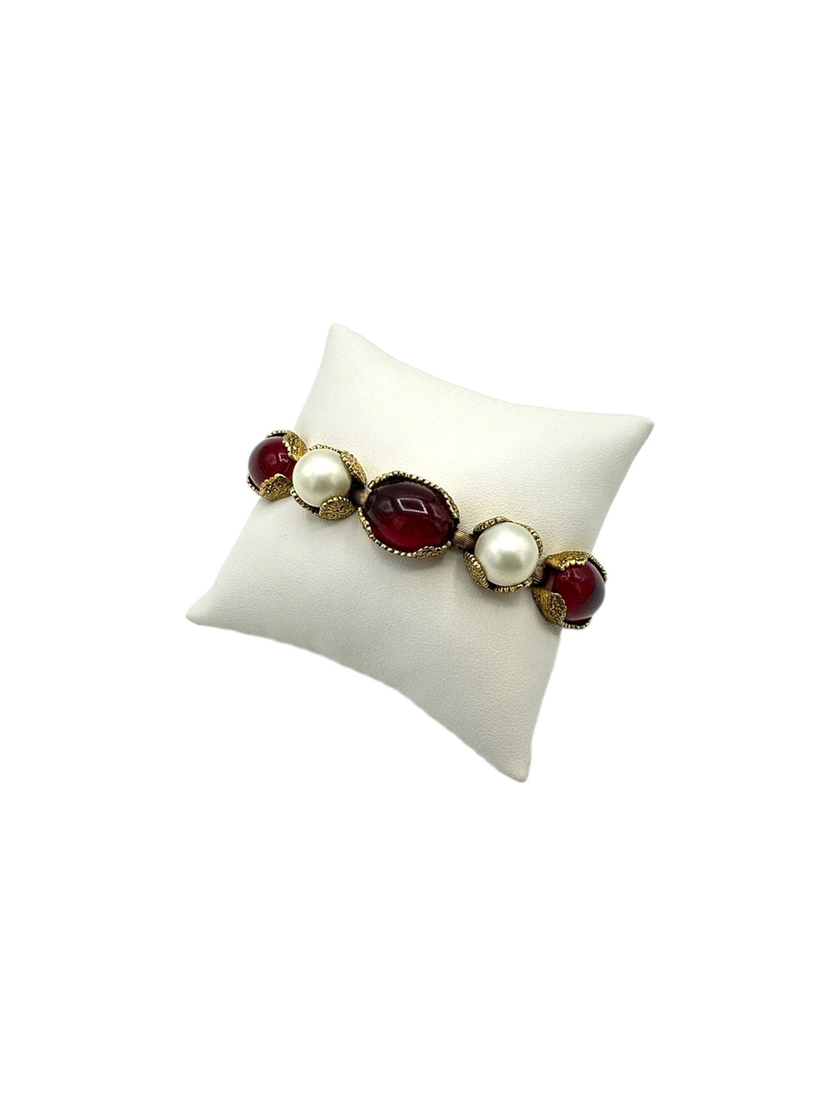 Gold Victorian Revival Red Cabochon & Pearl Bracelet - 24 Wishes Vintage Jewelry