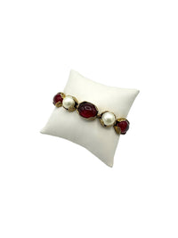 Gold Victorian Revival Red Cabochon & Pearl Bracelet - 24 Wishes Vintage Jewelry