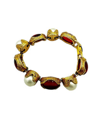 Gold Victorian Revival Red Cabochon & Pearl Bracelet - 24 Wishes Vintage Jewelry