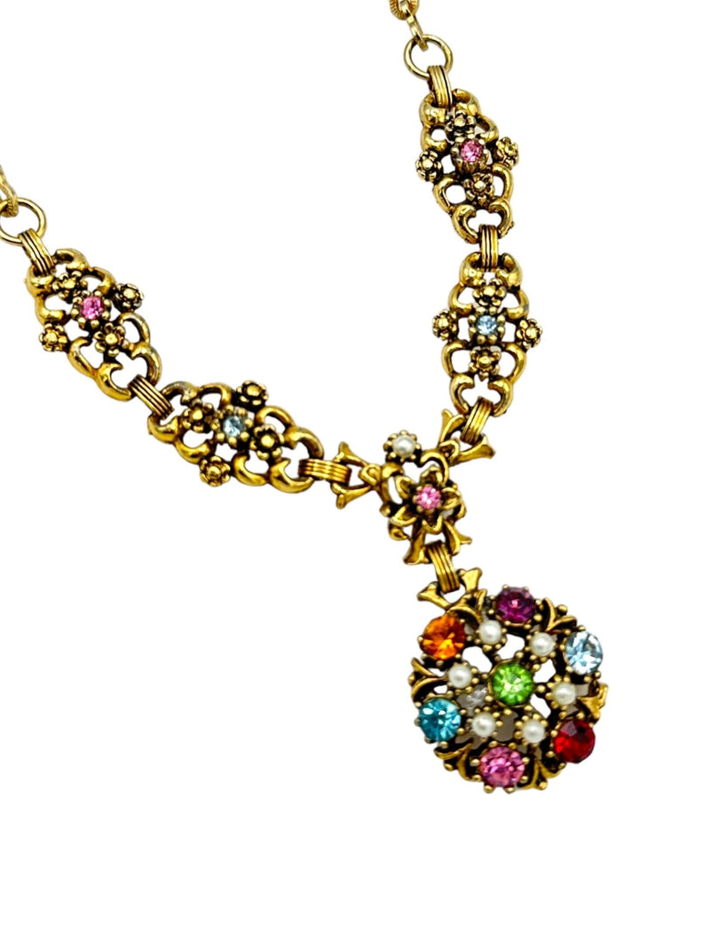 Gold Vintage Victorian Revival Multi-Color Rhinestone Pendant - 24 Wishes Vintage Jewelry