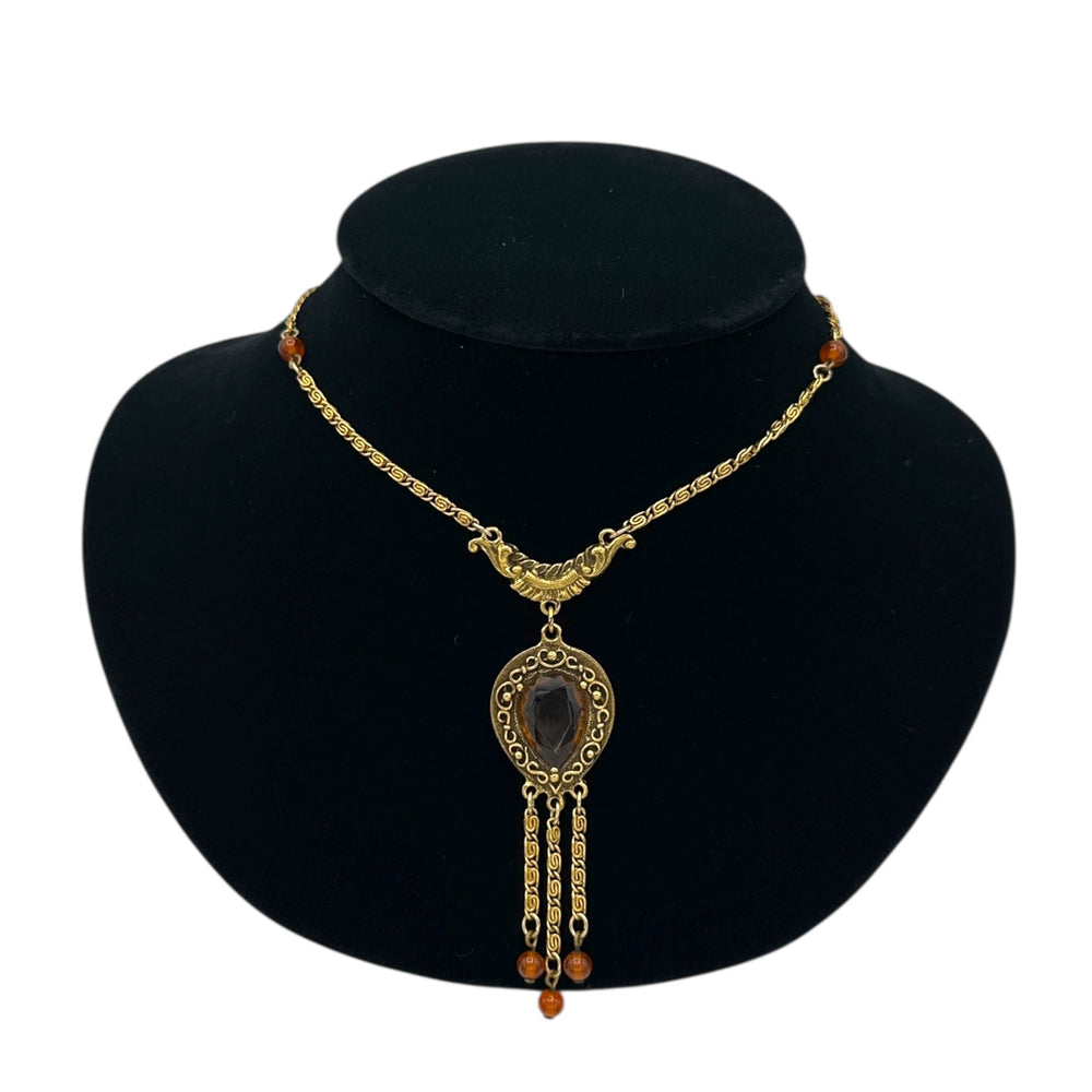 Goldette Gold Topaz Crystal Waterfall Bib Vintage Fringe Dangle Pendant Necklace 24 Wishes Vintage Jewelry