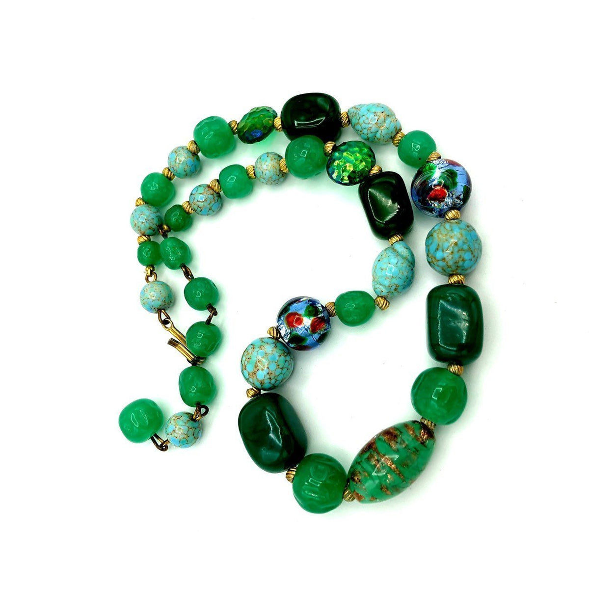 Green & Turquoise Venetian Murano Art Glass Beaded Necklace - 24 Wishes Vintage Jewelry