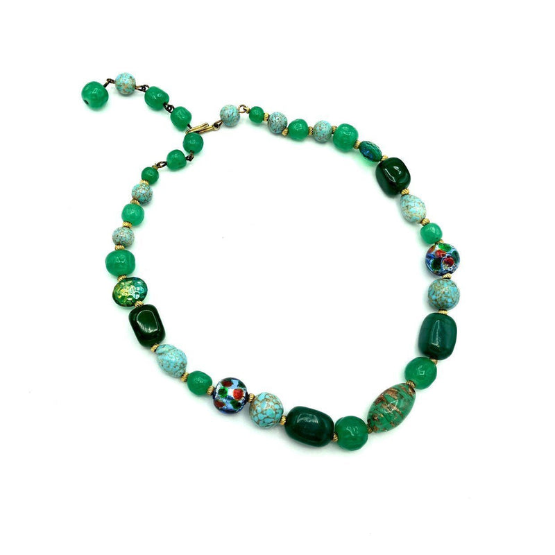 Green & Turquoise Venetian Murano Art Glass Beaded Necklace - 24 Wishes Vintage Jewelry