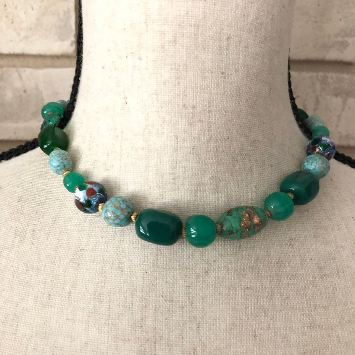 Green & Turquoise Venetian Murano Art Glass Beaded Necklace - 24 Wishes Vintage Jewelry