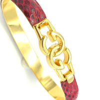 Gucci Gold Vintage Red Leather GG Logo Bangle Bracelet - 24 Wishes Vintage Jewelry