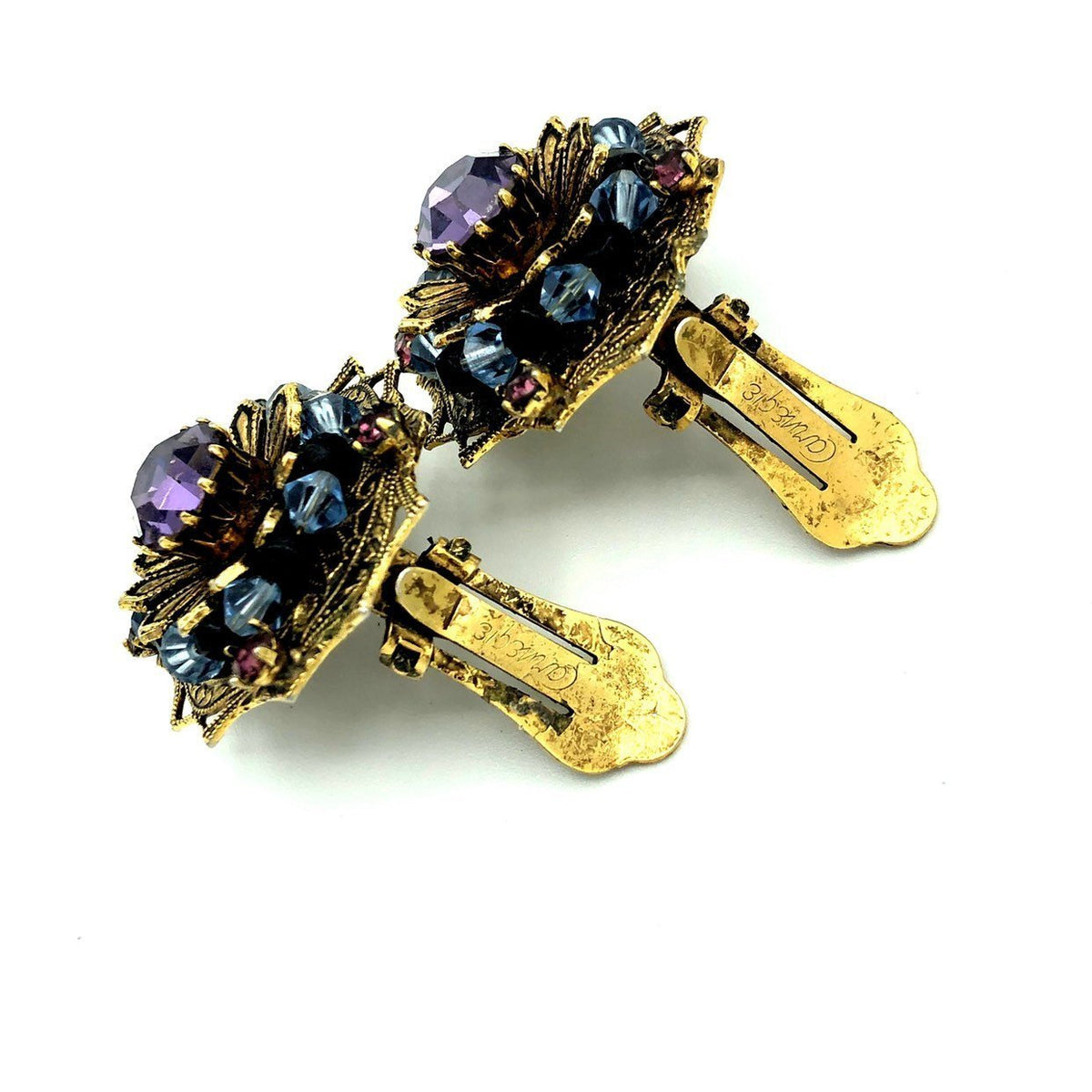 Hattie Carnegie Amethyst Purple Layered Vintage Cluster Clip - On Earrings - 24 Wishes Vintage Jewelry