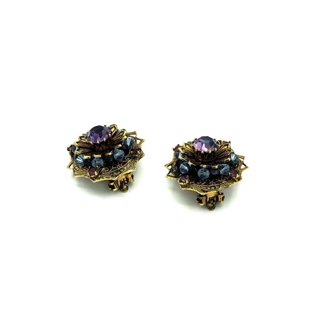 Hattie Carnegie Amethyst Purple Layered Vintage Cluster Clip - On Earrings - 24 Wishes Vintage Jewelry