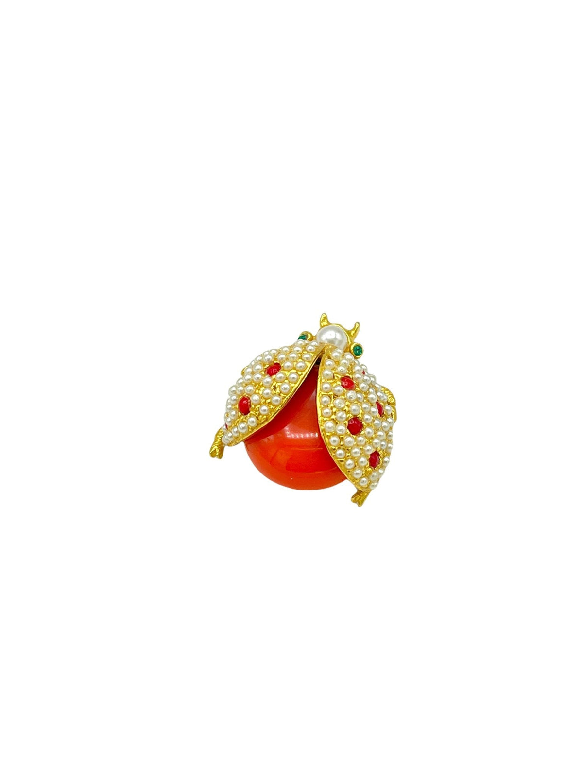 Hattie Carnegie Coral Pearl Ladybug Brooch - 24 Wishes Vintage Jewelry
