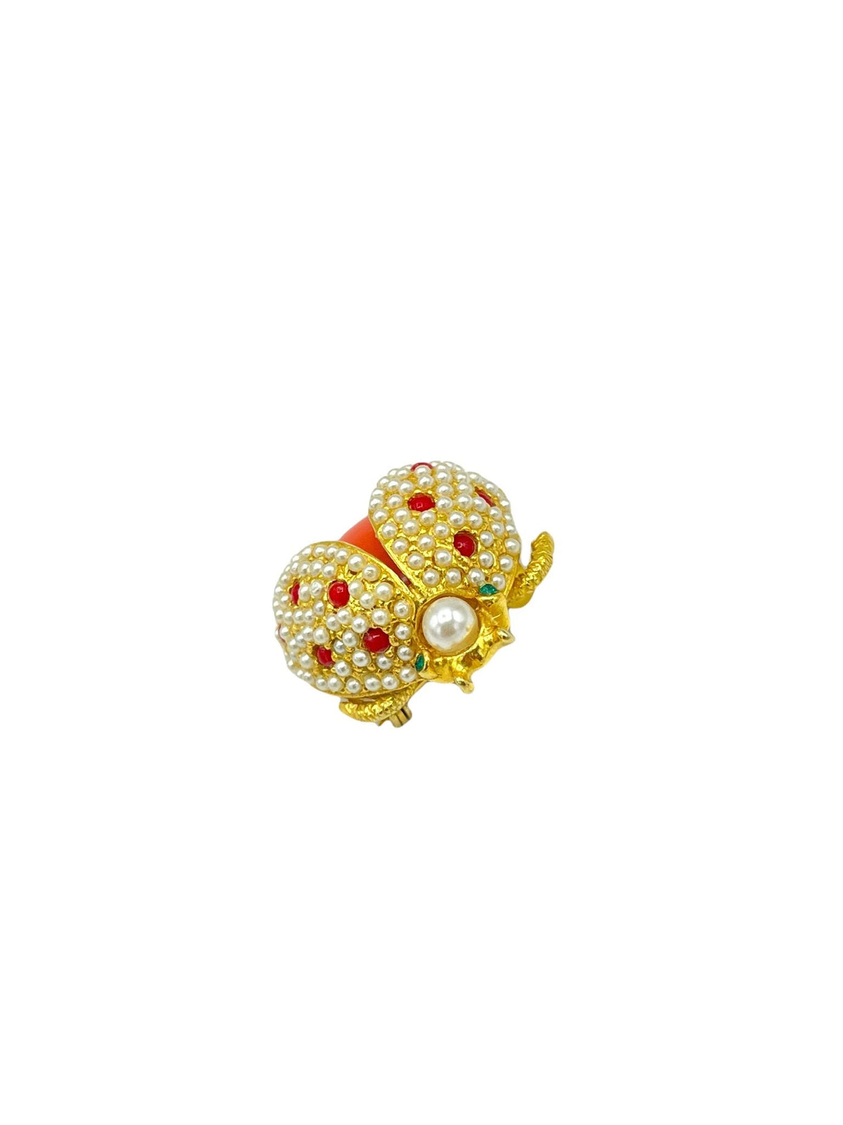 Hattie Carnegie Coral Pearl Ladybug Brooch - 24 Wishes Vintage Jewelry