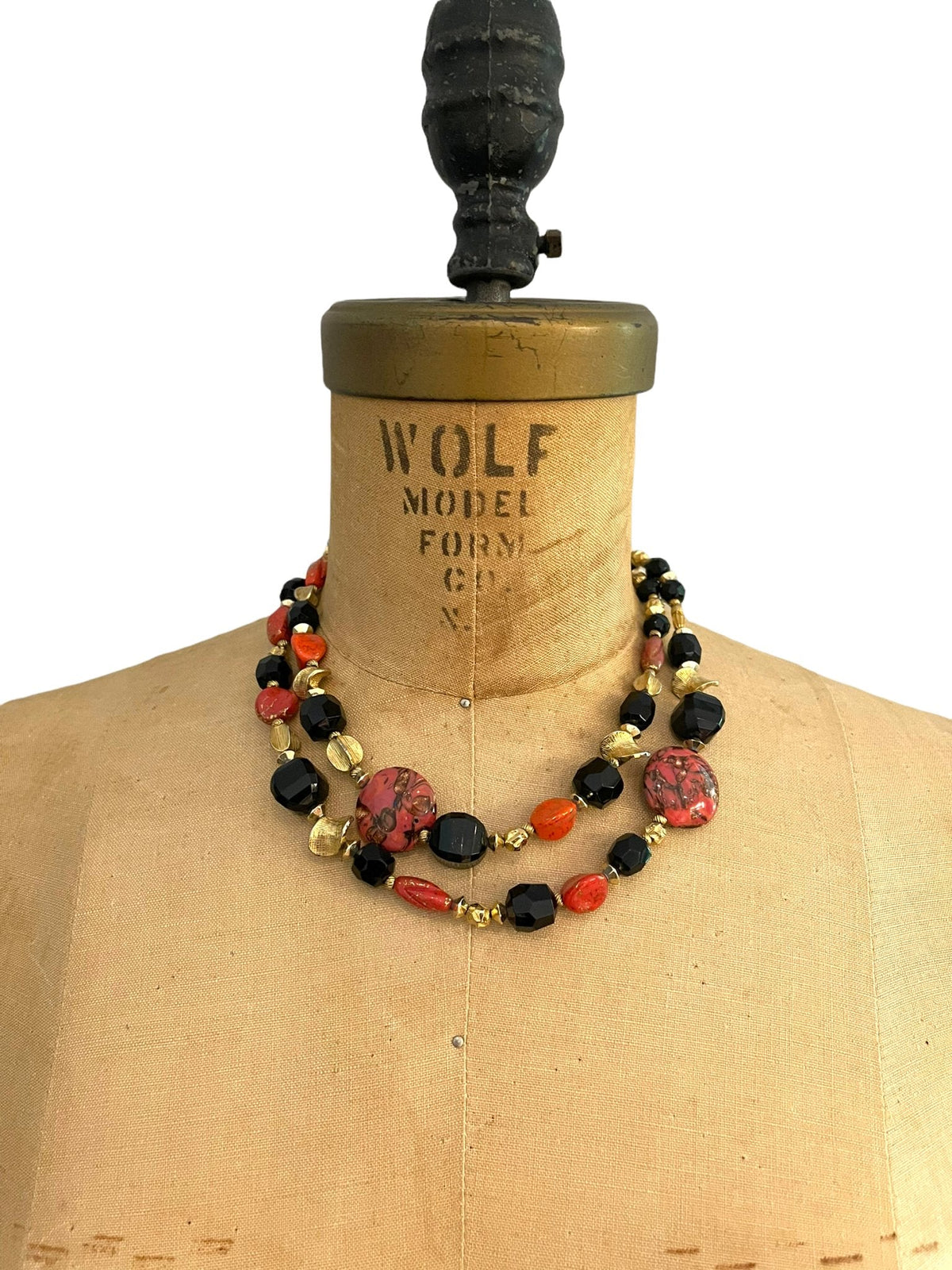 Hattie Carnegie Multi - Strand Black & Orange Glass Bead Necklace - 24 Wishes Vintage Jewelry