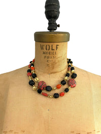 Hattie Carnegie Multi - Strand Black & Orange Glass Bead Necklace - 24 Wishes Vintage Jewelry