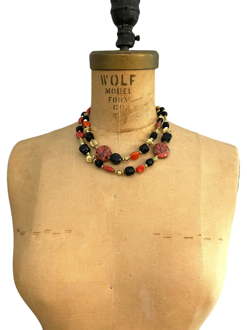 Hattie Carnegie Multi - Strand Black & Orange Glass Bead Necklace - 24 Wishes Vintage Jewelry