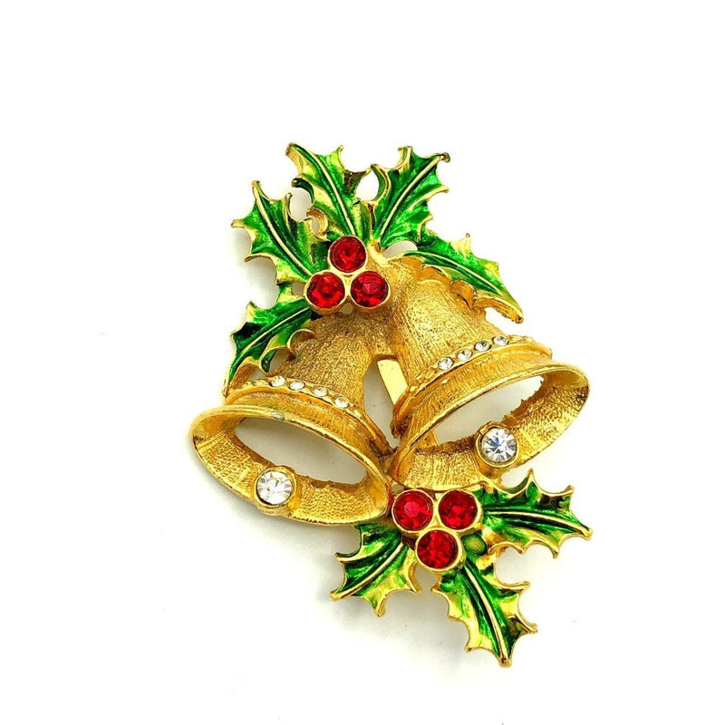 Holiday Gold Bell & Holly Rhinestone Vintage Brooch - 24 Wishes Vintage Jewelry