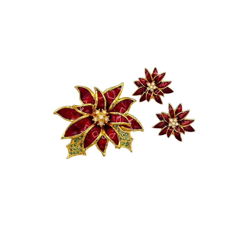 Holiday Poinsettia Flower Red Enamel & Rhinestone Nolan Miller Jewelry Set - 24 Wishes Vintage Jewelry