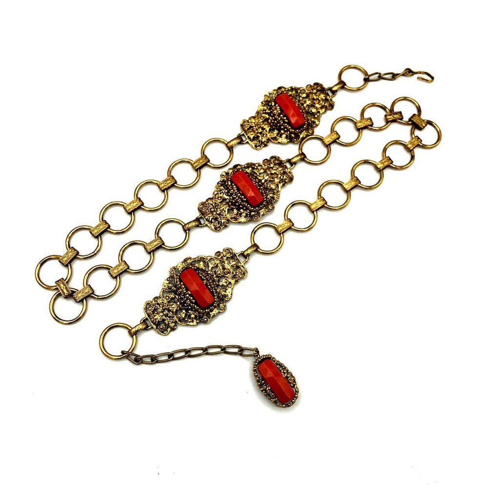 Hollycraft Victorian Revival Coral Belt Gold Vintage Belt - 24 Wishes Vintage Jewelry