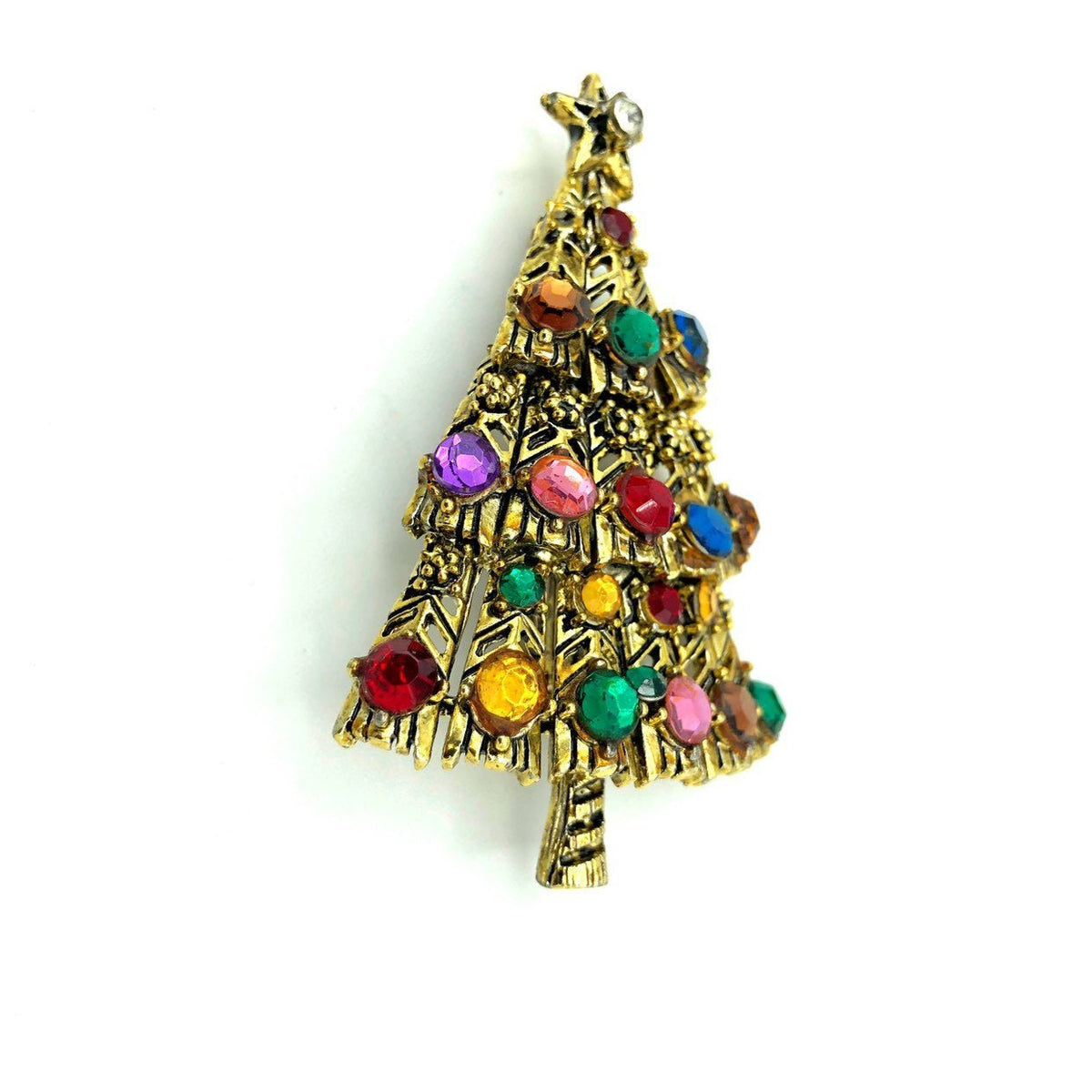 Hollycraft Layered Rhinestone Christmas Tree Brooch - 24 Wishes Vintage Jewelry