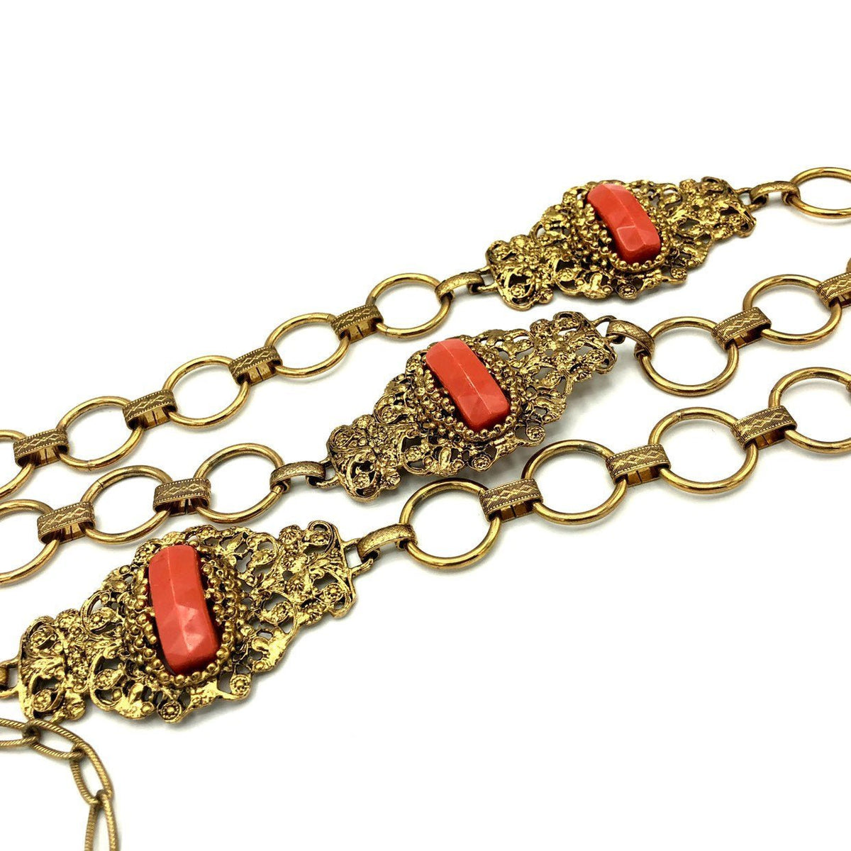Hollycraft Victorian Revival Coral Belt Gold Vintage Belt - 24 Wishes Vintage Jewelry