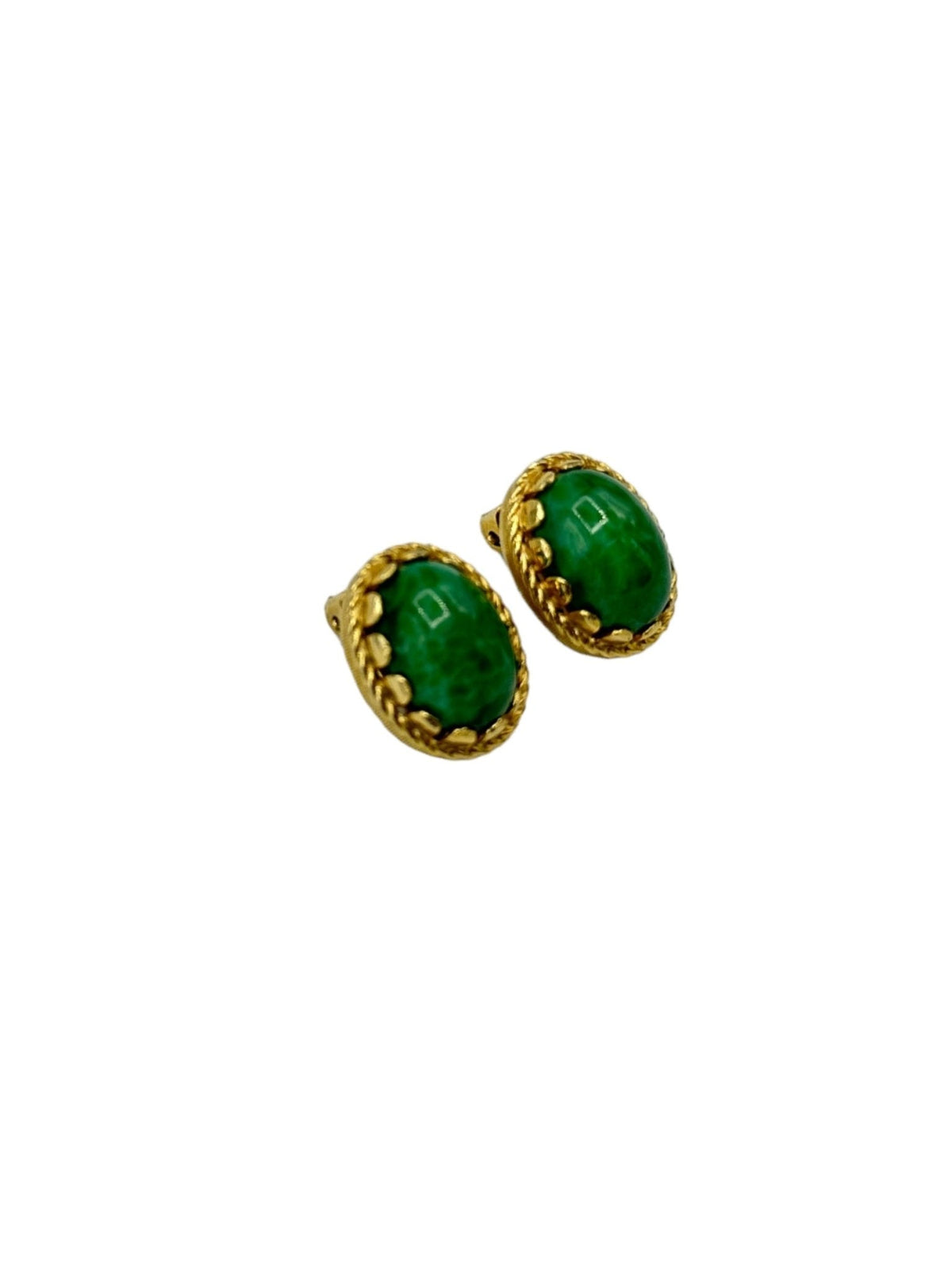 Hollycraft Vintage Jewelry Oval Green Glass Cabochon Clip - On Earrings - 24 Wishes Vintage Jewelry