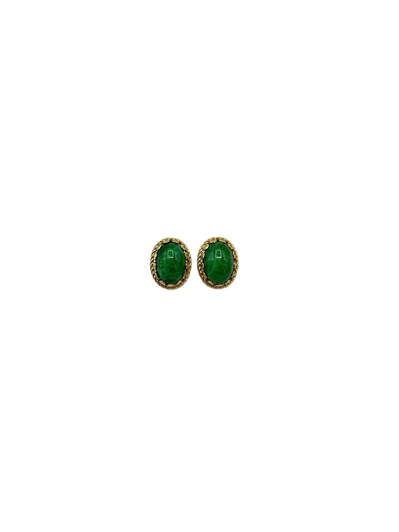 Hollycraft Vintage Jewelry Oval Green Glass Cabochon Clip - On Earrings - 24 Wishes Vintage Jewelry