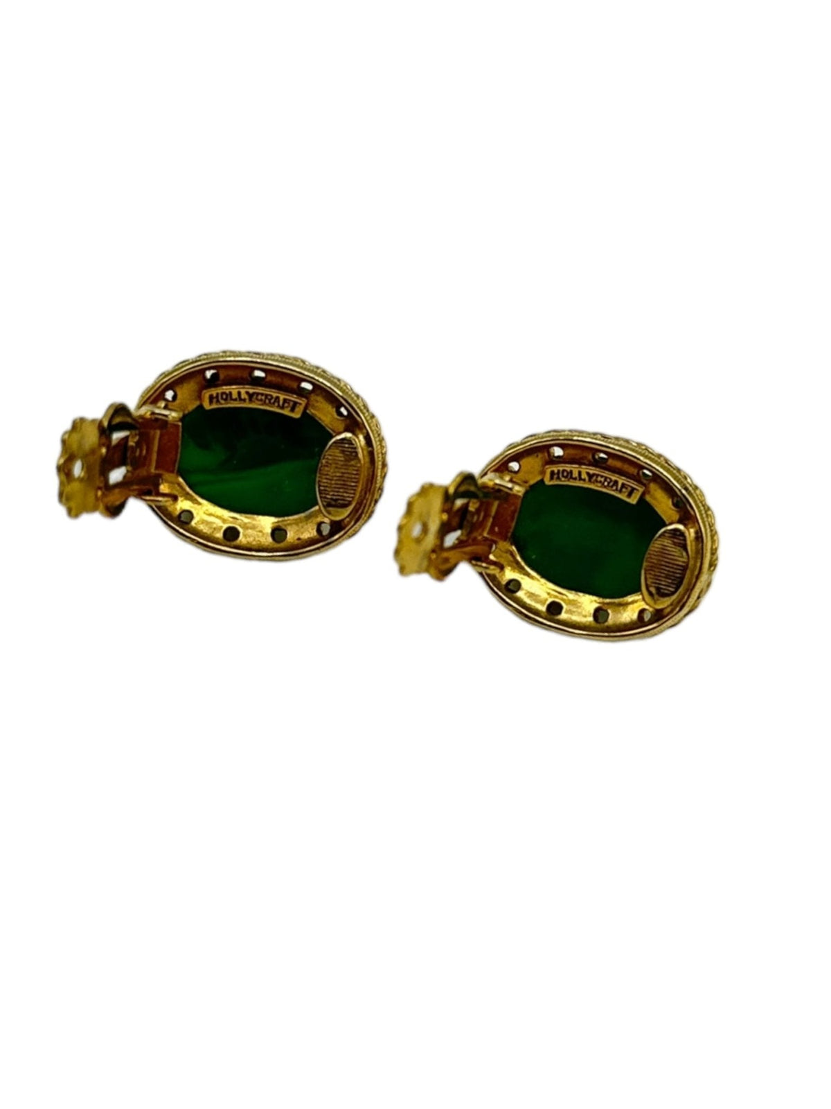 Hollycraft Vintage Jewelry Oval Green Glass Cabochon Clip - On Earrings - 24 Wishes Vintage Jewelry