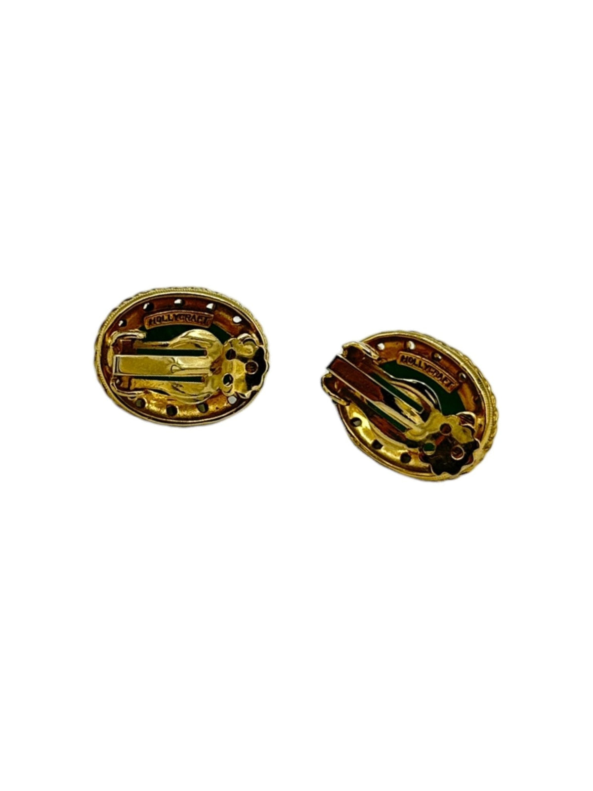 Hollycraft Vintage Jewelry Oval Green Glass Cabochon Clip - On Earrings - 24 Wishes Vintage Jewelry