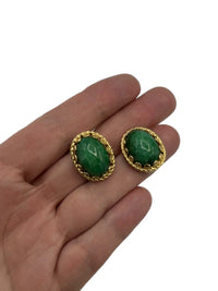 Hollycraft Vintage Jewelry Oval Green Glass Cabochon Clip - On Earrings - 24 Wishes Vintage Jewelry