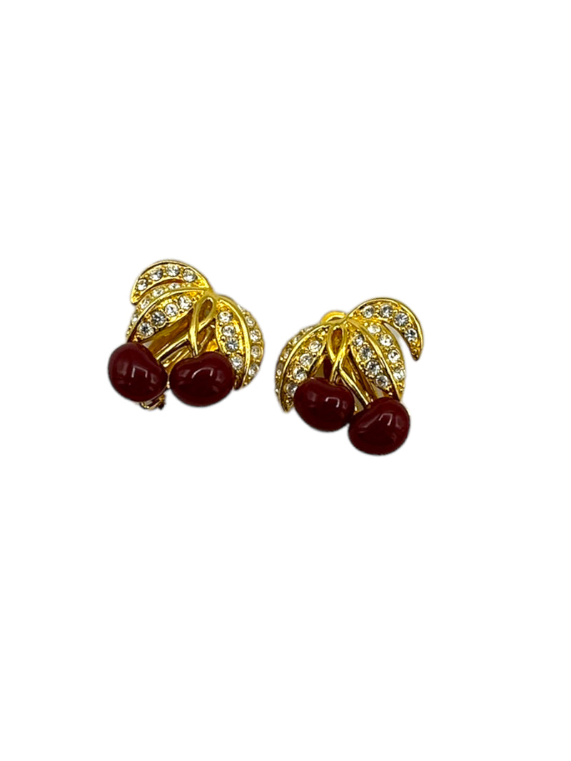 Gold Joan Rivers Red Cherry & Rhinestone Clip-On Earrings
