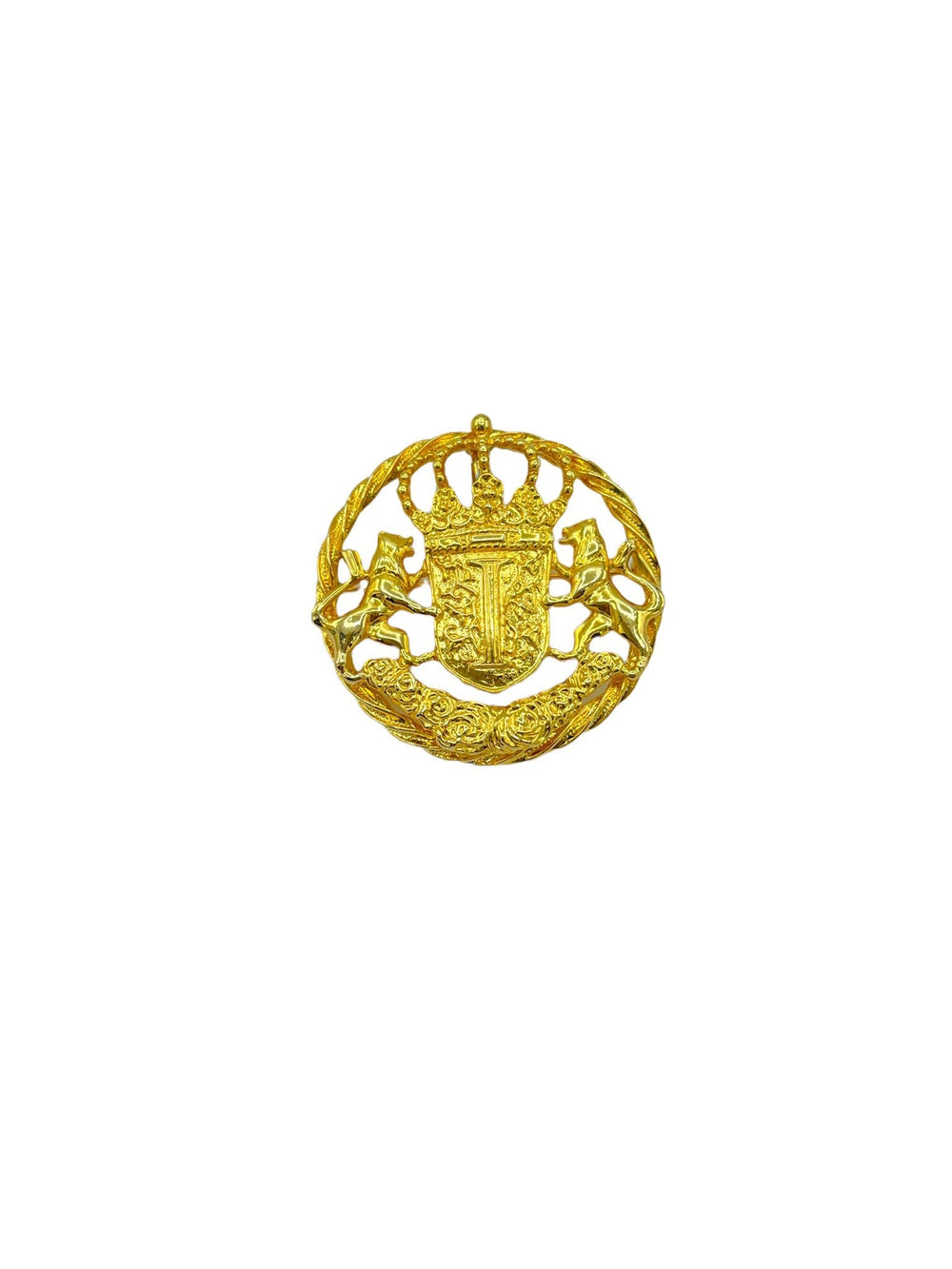 Ivana vintage gold round heraldic crown and shield statement brooch with rearing horses - 24 Wishes Vintage Jewelry