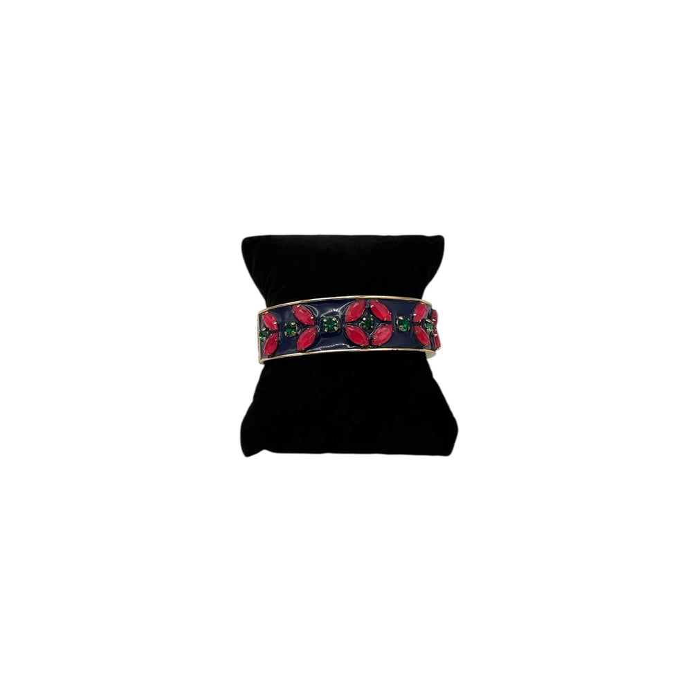 J. Crew Navy Enamel Pink Rhinestone Floral Hinged Bangle Bracelet 24 Wishes Vintage Jewelry