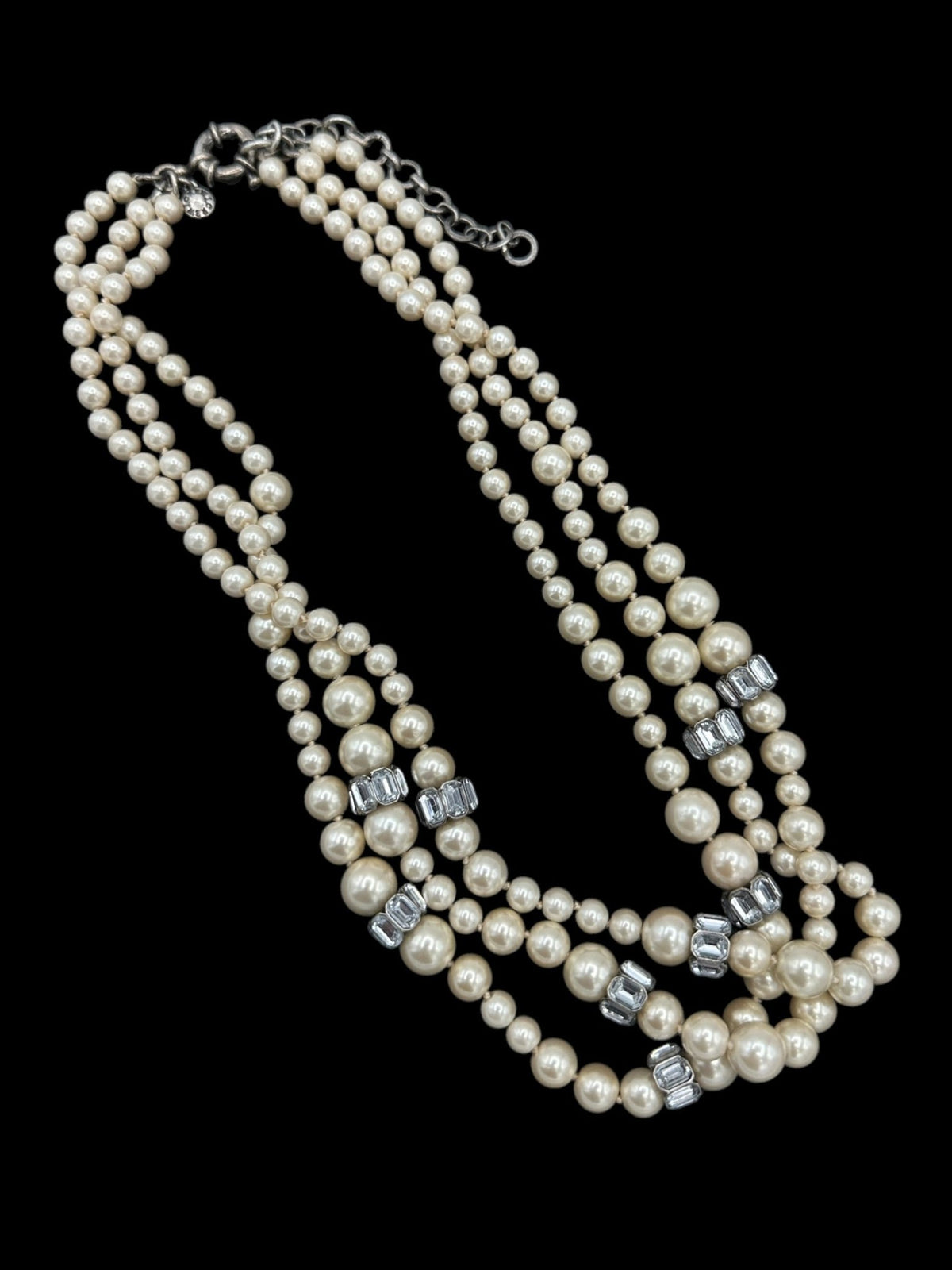 J. Crew Vintage Jewelry Layered Three Strand Pearl & Rhinestone Necklace - 24 Wishes Vintage Jewelry