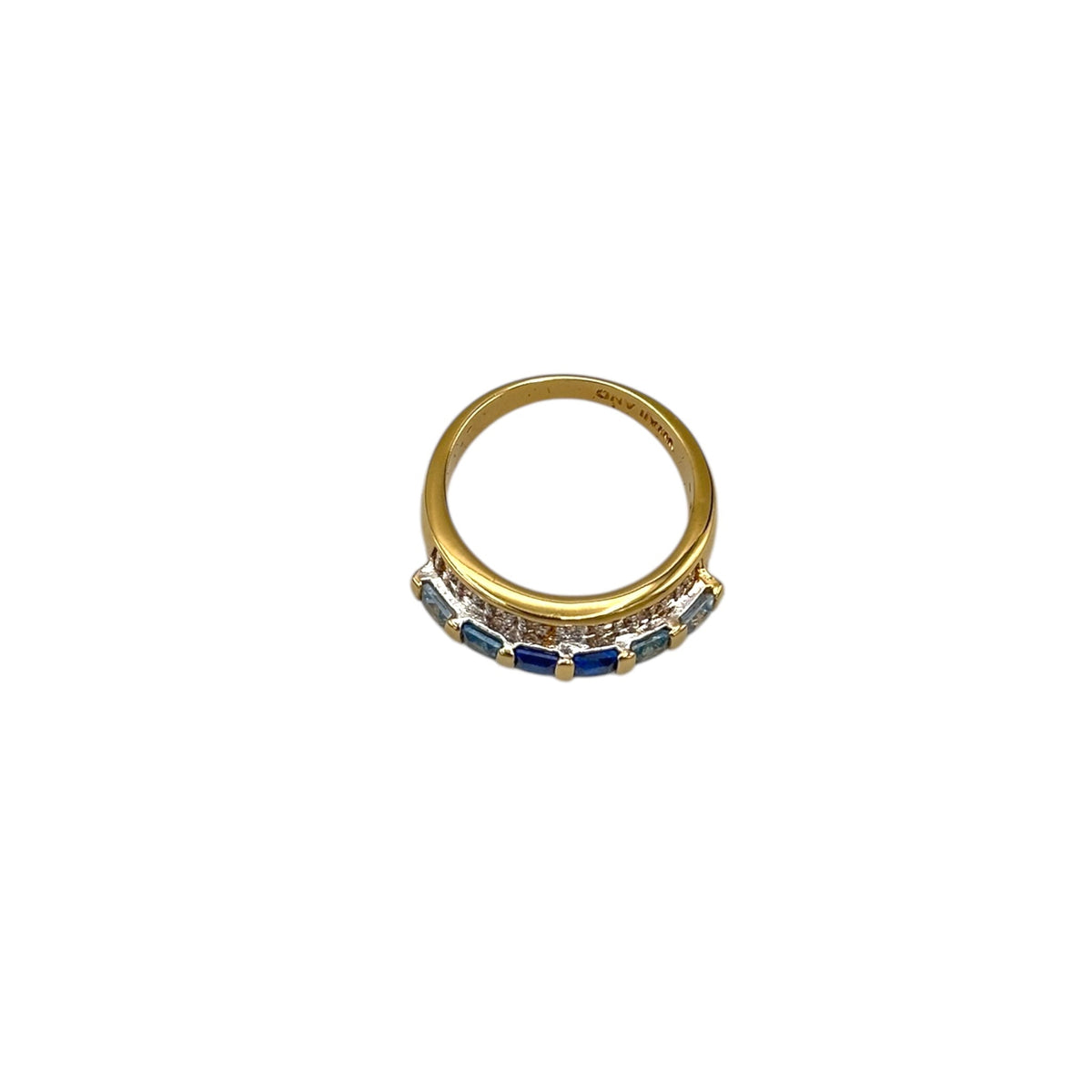 Jacqueline Bouvier Kennedy (JBK) Camrose & Kross Gold Band Ring Ombré Sapphire Rhinestones - 24 Wishes Vintage Jewelry