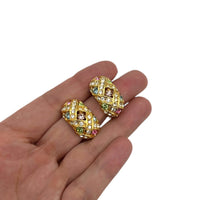 Joan Rivers Basket Weave Pastel Rhinestone Half Hoop Vintage Clip - On Earrings - 24 Wishes Vintage Jewelry