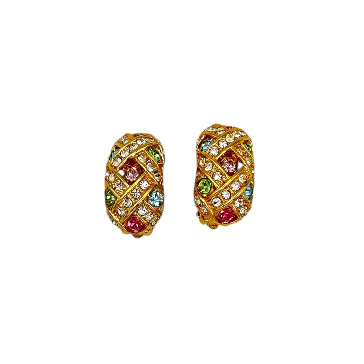 Joan Rivers Basket Weave Pastel Rhinestone Half Hoop Vintage Clip - On Earrings - 24 Wishes Vintage Jewelry