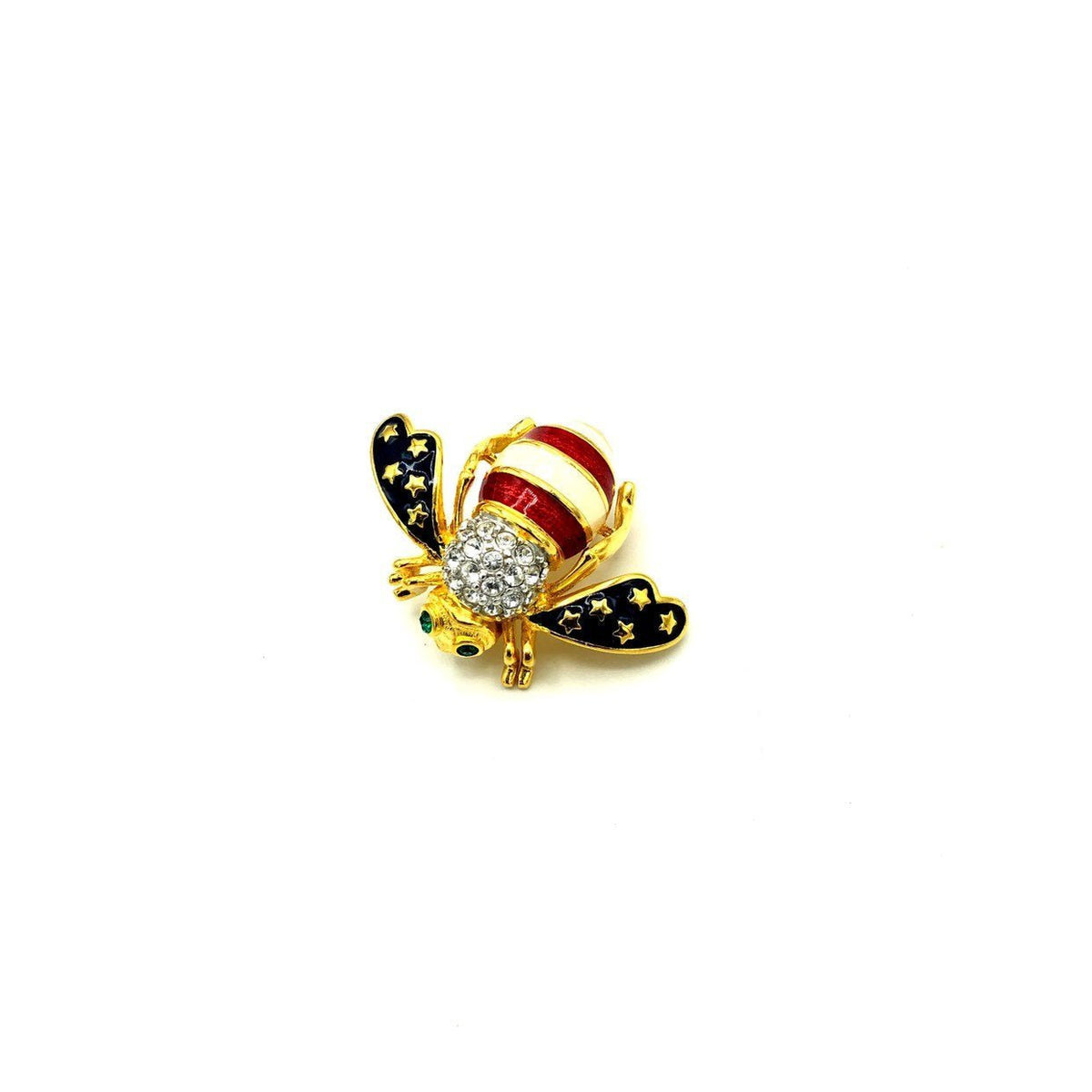 Joan Rivers Blue Stars & Red Stripes Enamel Bee Brooch - 24 Wishes Vintage Jewelry