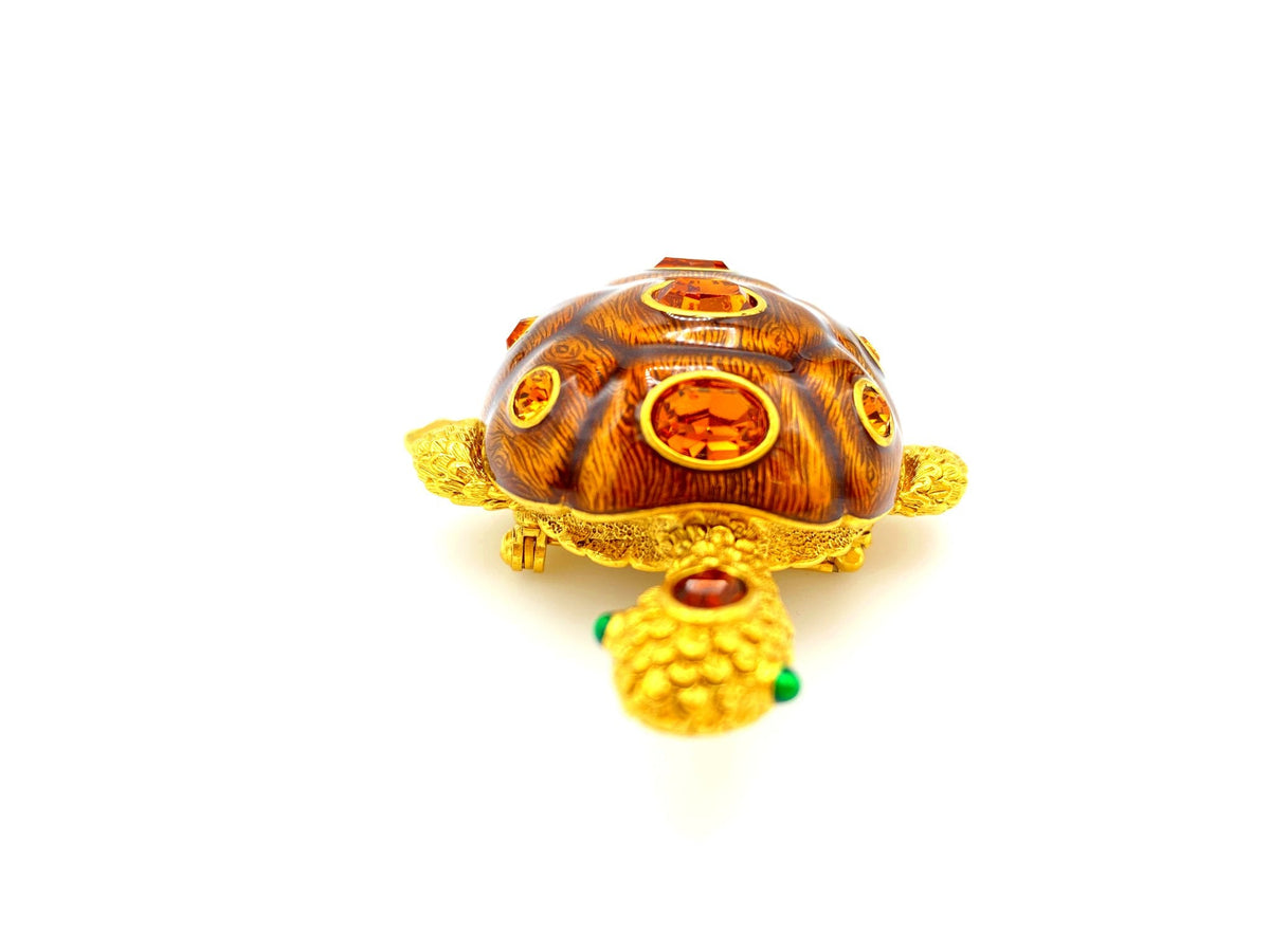 Joan Rivers Brown Enamel & Rhinestone Turtle Vintage Brooch - 24 Wishes Vintage Jewelry