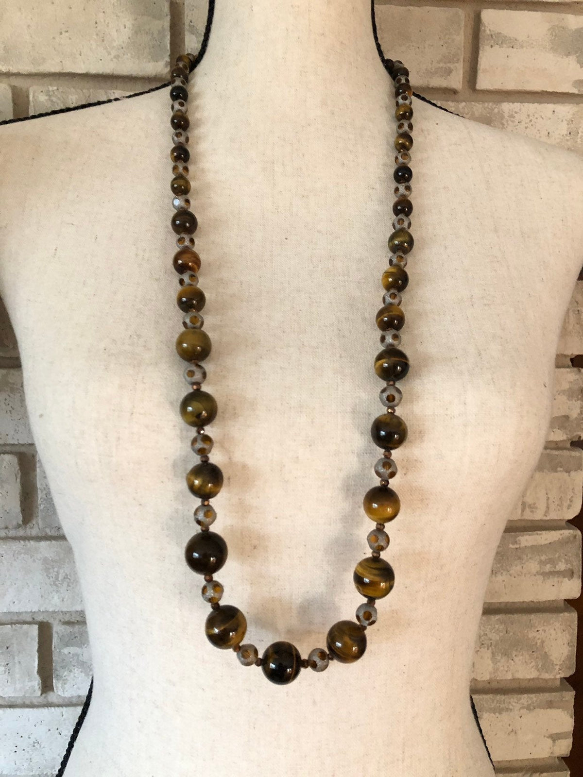 Joan Rivers Brown Tiger Eye Long Bead Vintage Necklace - 24 Wishes Vintage Jewelry