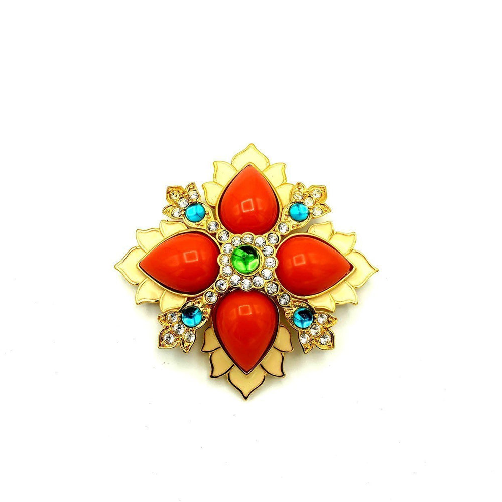 Joan Rivers Cabochon Orange Coral Maltese Cross Mogul Vintage Brooch - 24 Wishes Vintage Jewelry