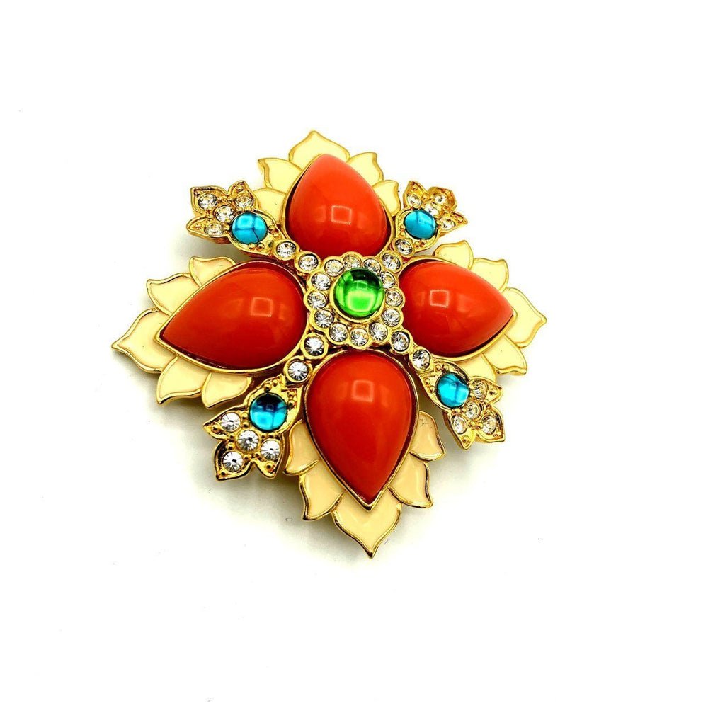 Joan Rivers Cabochon Orange Coral Maltese Cross Mogul Vintage Brooch - 24 Wishes Vintage Jewelry